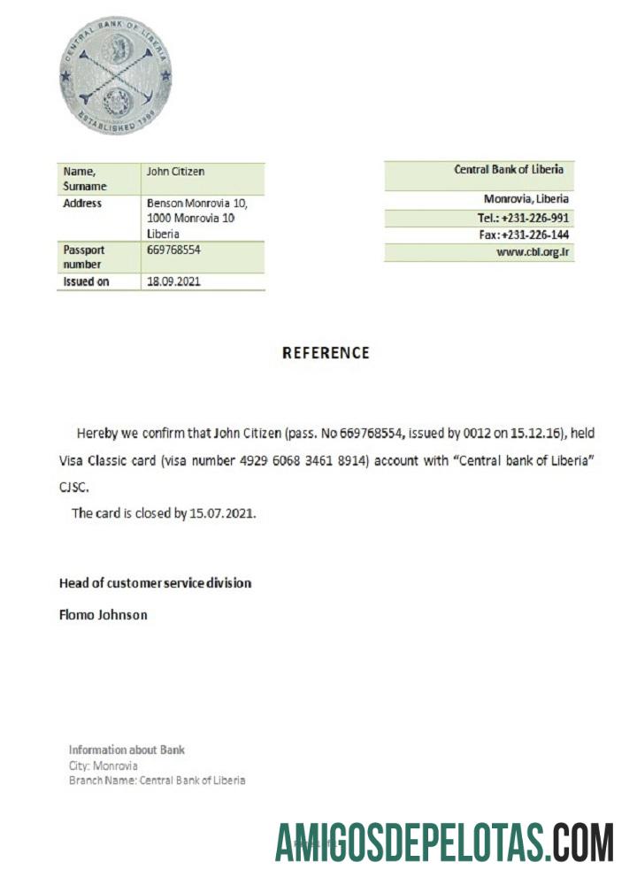 Referência de encerramento do Banco Central da Libéria amostra